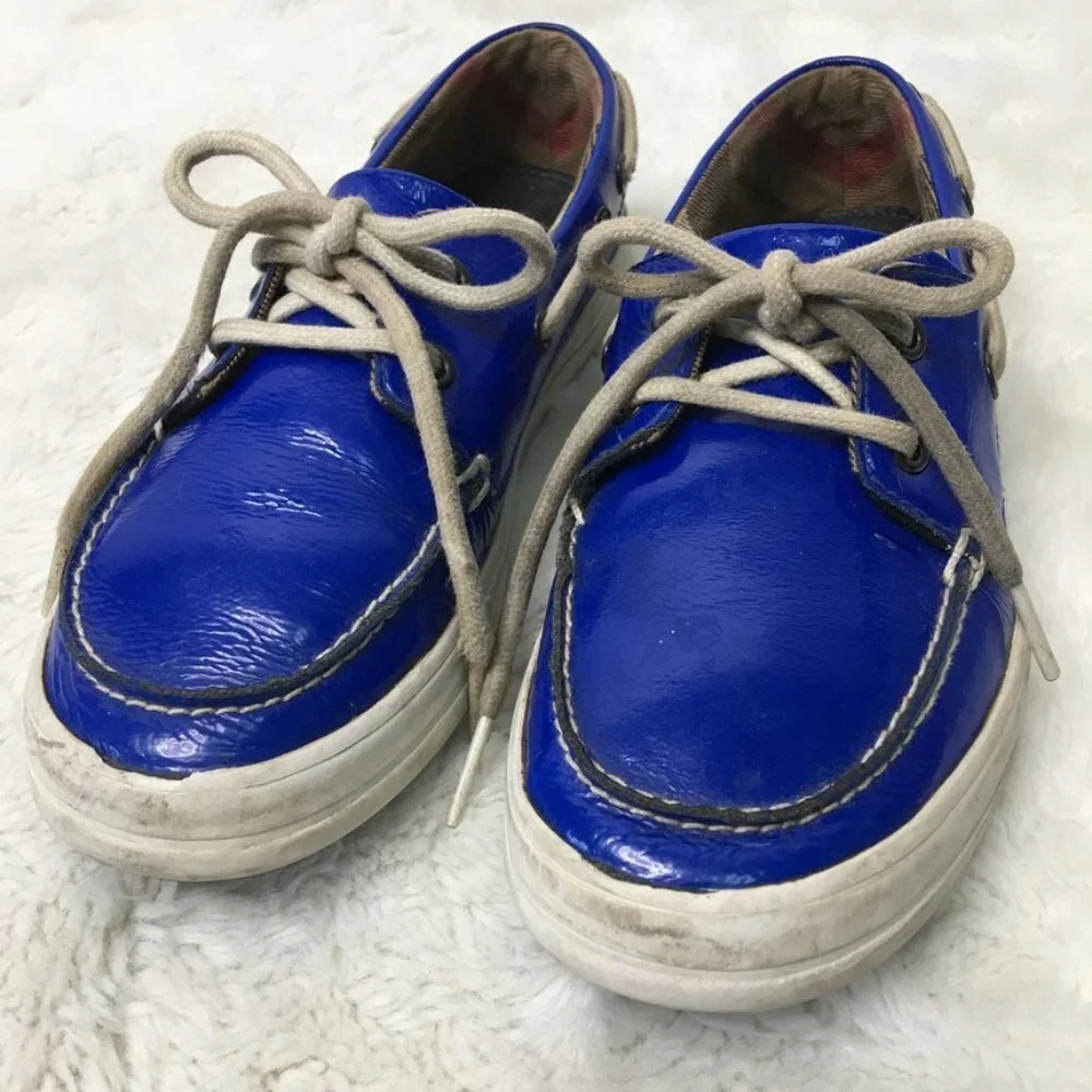 Burberry Kids Blue Patent Leather Lace Up Topsiders Shoes Size 32